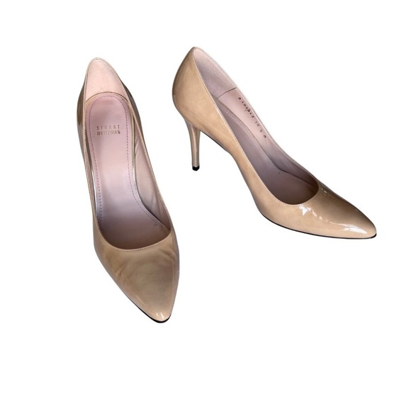 Stuart Weitzman Nude (Adobe) Patent "Power" Pointed Toe Pumps Sz 10.5 With Box - Picture 1 of 11